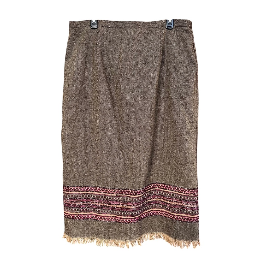 VTG Sag Harbor Brown Wool Blend Fringed Embroidered Midi Pencil Skirt Size 18